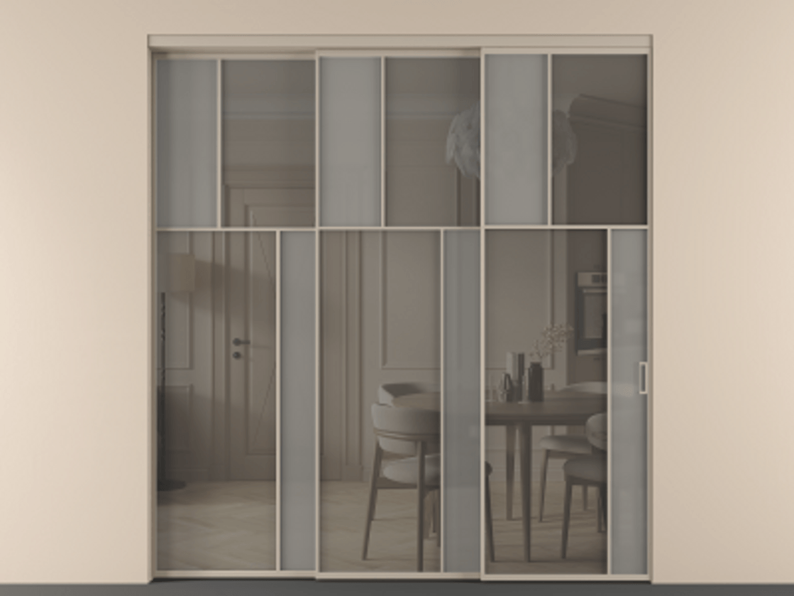 Перегородка Mosaic внутри проёма 3 створки с синхронным механизмом АЛПР 041.23 Алюминий бисквитный Сатинированное серое стекло, триплекс, 6 мм + Прозрачное серое стекло, триплекс Цена 636840 сом | Volhovec