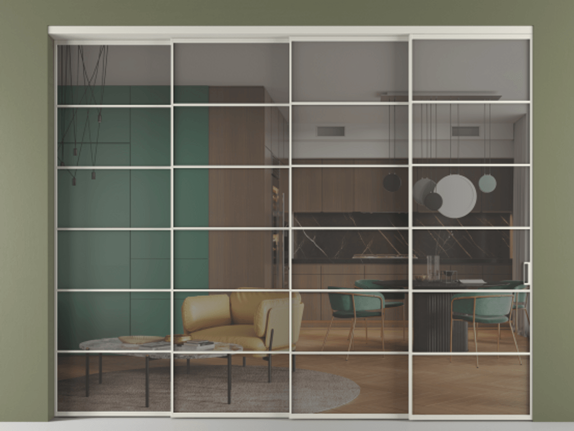 Перегородка Формато внутри проёма 4 створки с синхронным механизмом АЛПР 040.04 Алюминий тёплый серый Прозрачное серое стекло, триплекс. Цена 711520 сом 1. Полотно 4 шт. (800/2100 мм)
2. Комплект установки раздвижной системы
3. Базовый комплект фурнитуры
4. Комплект фурнитуры телескопик синхро-3
5. Ручка Рондо. Фабрика дверей Волховец 8 (800) 551 43 19 Перегородка Формато внутри проёма 4 створки с синхронным механизмом АЛПР 040.04 Алюминий тёплый серый Прозрачное серое стекло, триплекс Цена 711520 сом | Volhovec