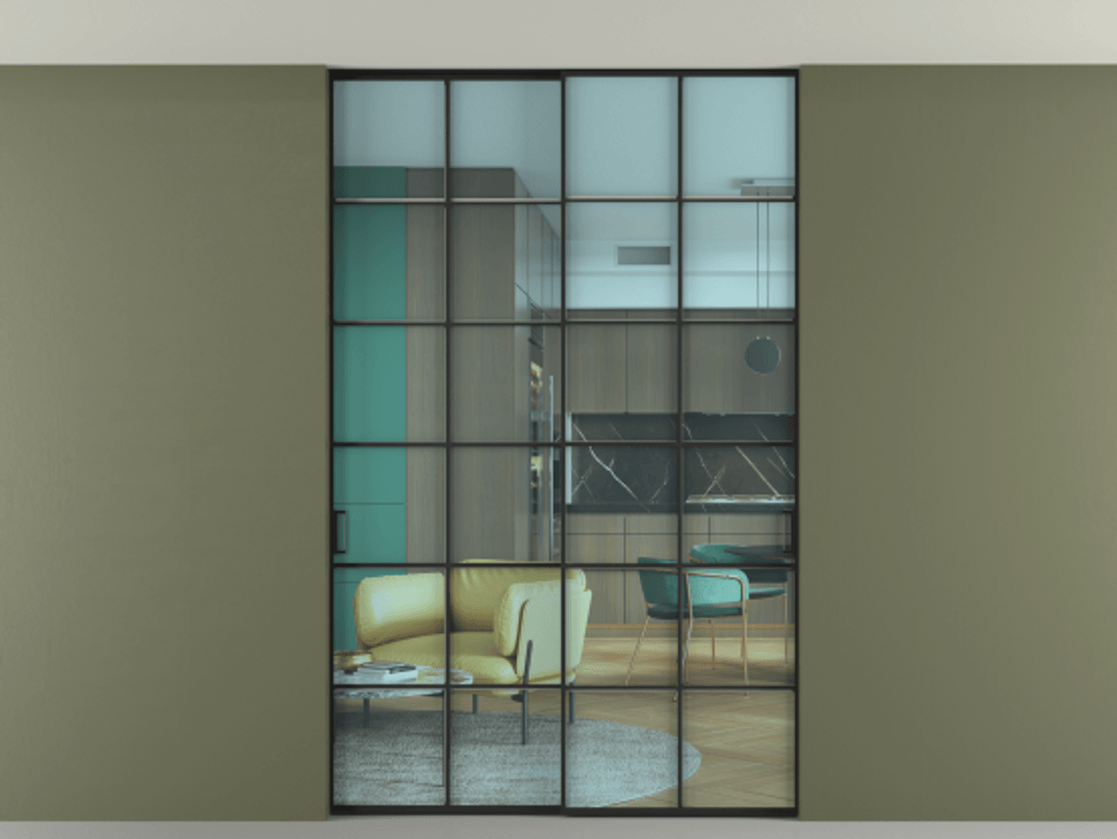 Перегородка Formato внутри проёма скрытое крепление в потолок 2 створки АЛПР 040.05 Алюминий Черный Прозрачное голубое стекло, триплекс Цена 383170 сом | Volhovec