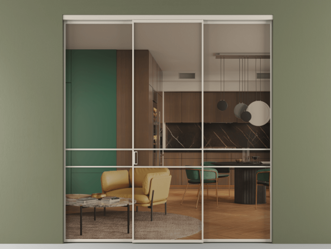 Перегородка Формато внутри проёма 3 створки АЛПР 040.02 Алюминий светло-бежевый Прозрачное бронзовое стекло, триплекс Цена 345470 сом | Volhovec