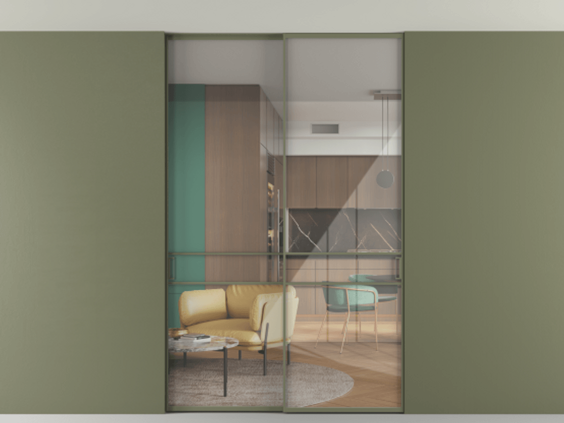 Перегородка Формато внутри проёма скрытое крепление в потолок 2 створки АЛПР 040.02 Алюминий оливковый тёмный Рефлективное прозрачное стекло "Стопсол", калёное Цена 444840 сом | Volhovec