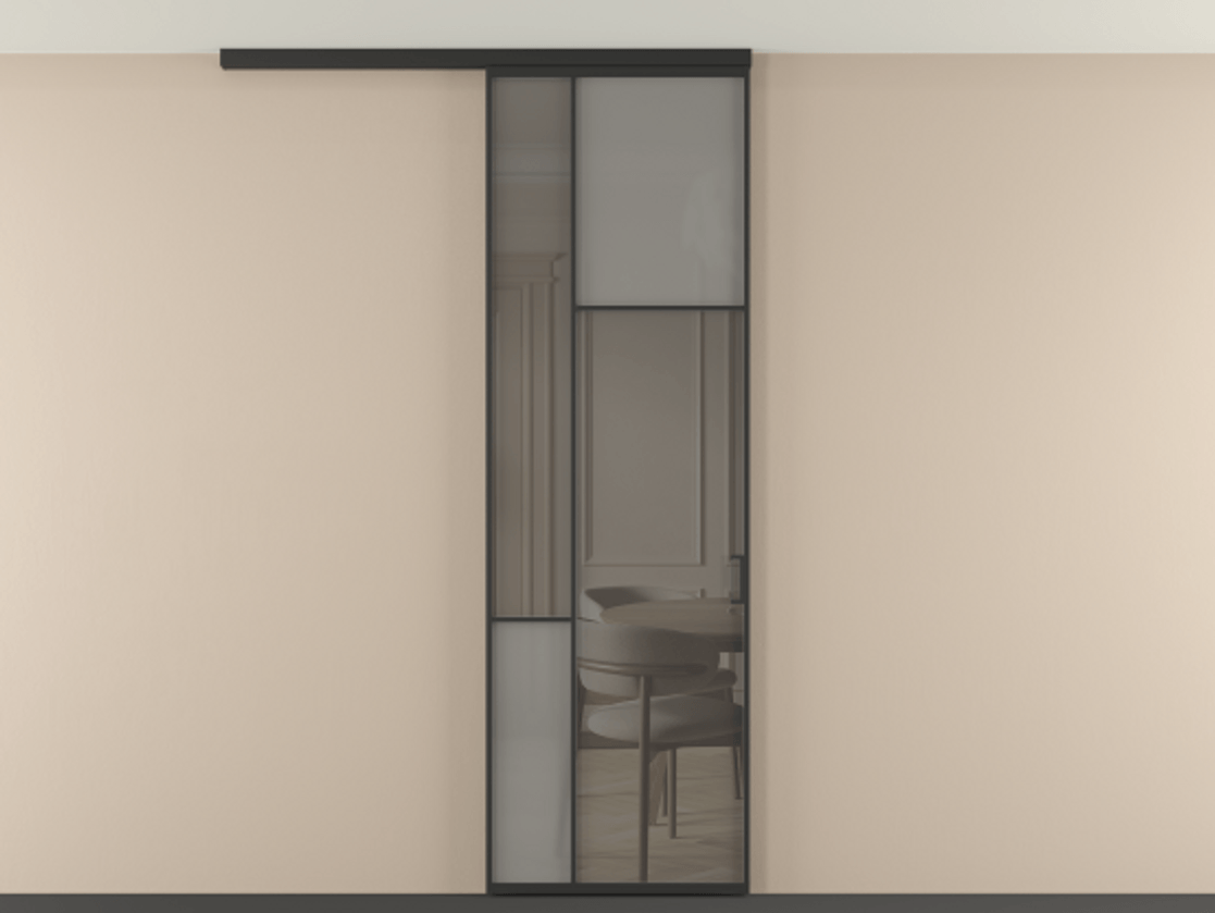 Перегородка Mosaic вдоль стены на потолок 1 створка АЛПР 041.11 Алюминий Черный Сатинированное серое стекло, триплекс, 6 мм + Прозрачное серое стекло, триплекс Цена 188640 сом | Volhovec