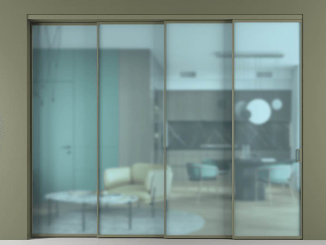 Перегородка Формато внутри проёма 4 створки с синхронным механизмом АЛПР 040.01 Алюминий оливковый тёмный Сатинированное голубое стекло, триплекс Цена 650020 сом | Volhovec