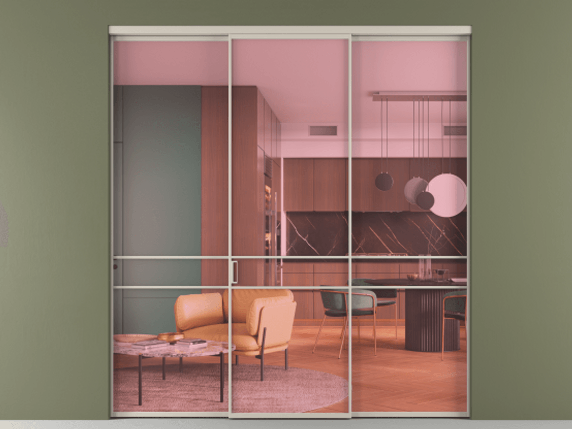 Перегородка Формато внутри проёма 3 створки АЛПР 040.02 Алюминий светло-бежевый Прозрачное розовое стекло, триплекс Цена 48166830 so'm | Volhovec