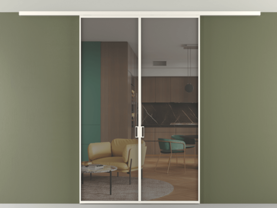 Перегородка Формато вдоль стены на потолок 2 створки АЛПР 040.01 Алюминий пудровый белый Прозрачное серое стекло, триплекс Цена 258740 сом | Volhovec