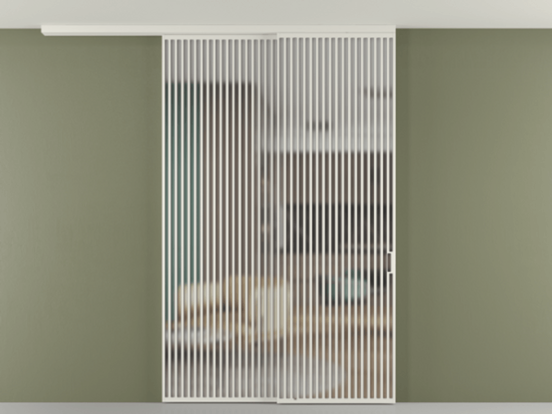 Перегородка Формато вдоль стены на потолок 2 створки с синхронным механизмом АЛПР 040.06 Алюминий Белый Сатинированное стекло "Мателюкс Кристал Вижн", калёное, матовое, каленое 6 мм Цена 753280 сом | Volhovec