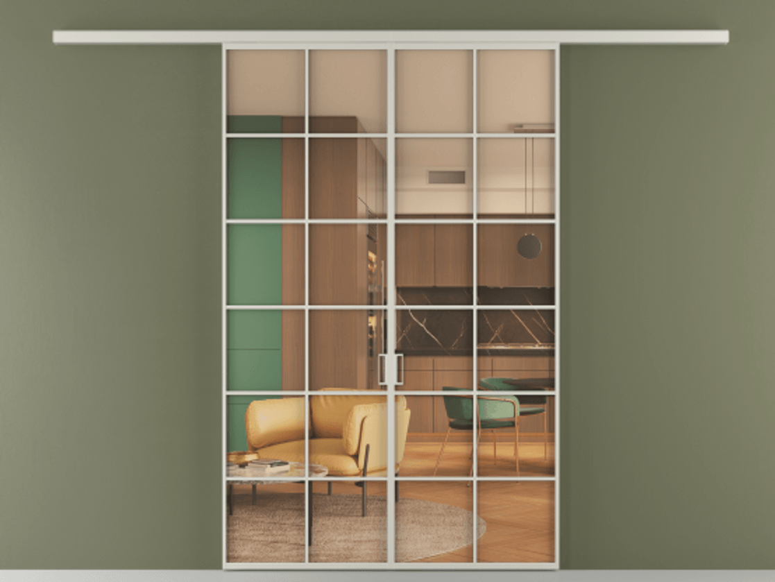 Перегородка Формато вдоль стены 2 створки АЛПР 040.05 Алюминий тёплый серый Прозрачное оранжевое стекло, триплекс Цена 301610.4 сом | Volhovec