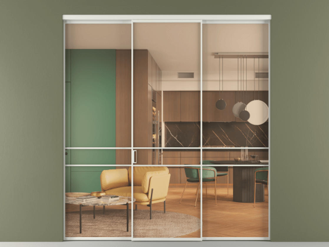 Перегородка Formato внутри проёма 3 створки АЛПР 040.02 Алюминий серый Прозрачное оранжевое стекло, триплекс Цена 237275 ₽ | Volhovec