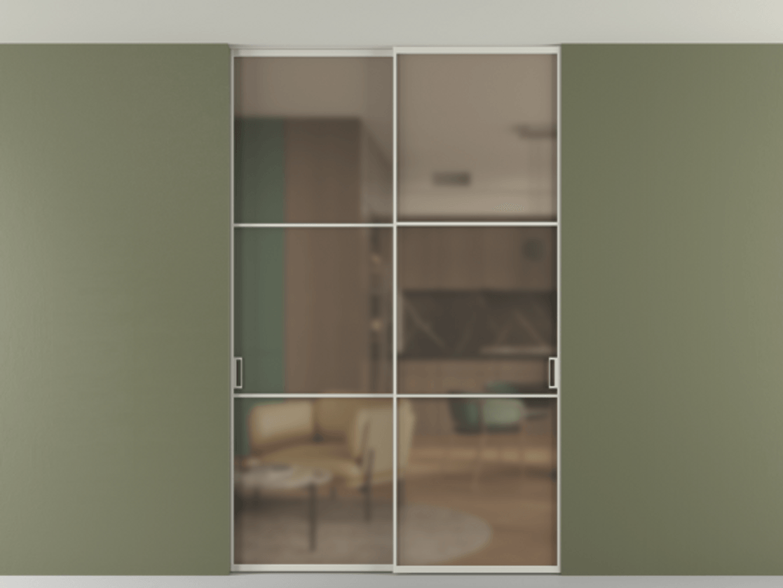 Перегородка Формато внутри проёма скрытое крепление в потолок 2 створки АЛПР 040.03 Алюминий тёплый серый Сатинированное бронзовое стекло, триплекс Цена 361400 сом | Volhovec