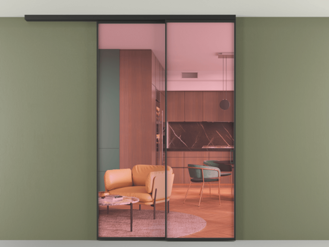 Перегородка Formato вдоль стены на потолок 2 створки с синхронным механизмом АЛПР 040.01 Алюминий Черный Прозрачное розовое стекло, триплекс Цена 371990 сом | Volhovec