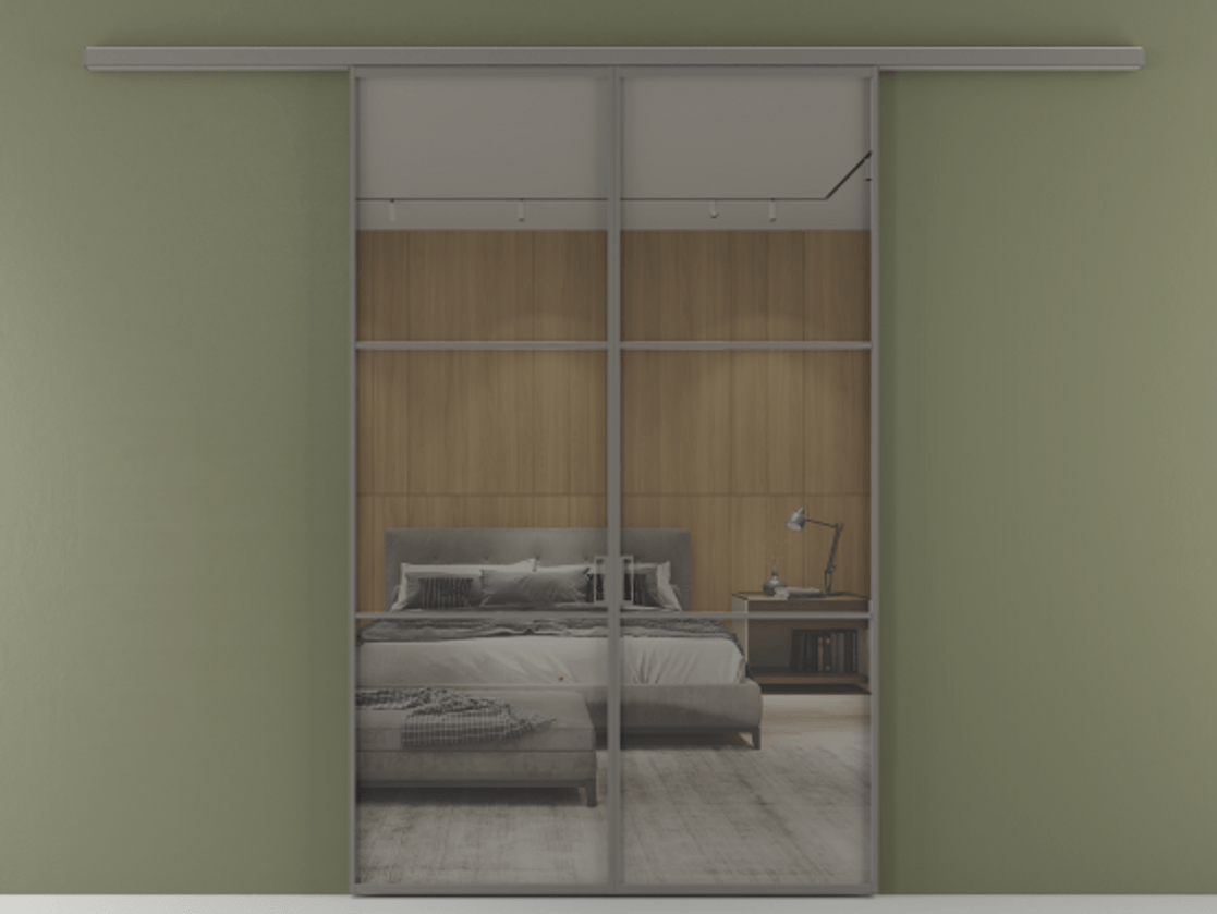 Перегородка Формато вдоль стены 2 створки АЛПР 040.03 Алюминий классический серый Рефлективное серое стекло "Стопсол", калёное Цена 362540 сом | Volhovec