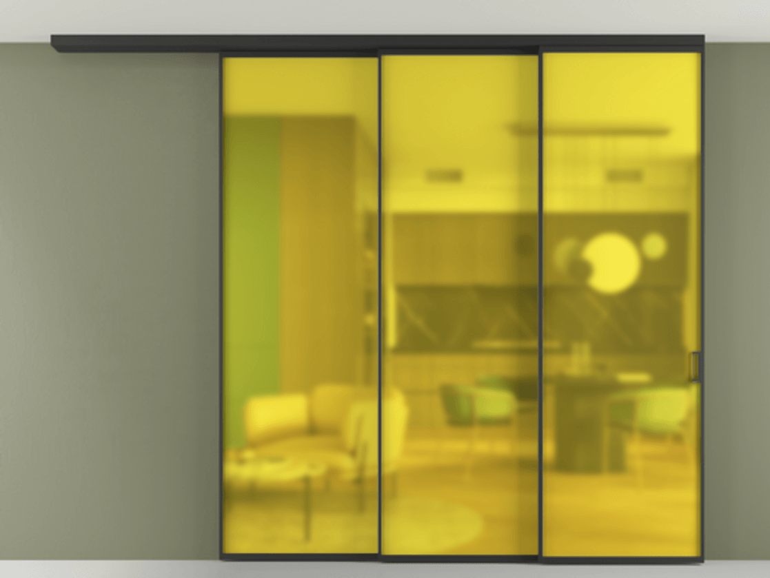 Перегородка Формато вдоль стены на потолок 3 створки с синхронным механизмом АЛПР 040.01 Алюминий Черный Сатинированное жёлтое стекло, триплекс Цена 363632 ₽ | Volhovec