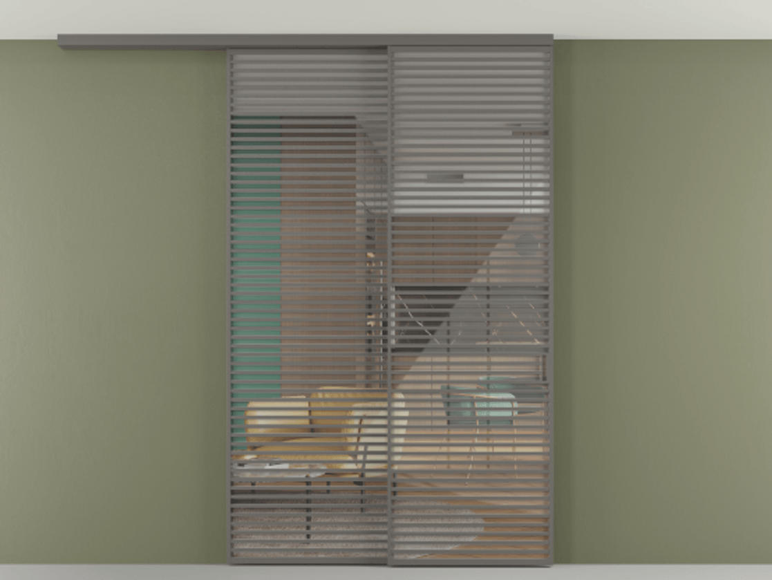 Перегородка Формато вдоль стены на потолок 2 створки с синхронным механизмом АЛПР 040.07 Алюминий классический серый Рефлективное прозрачное стекло "Стопсол", калёное Цена 674501 сом | Volhovec