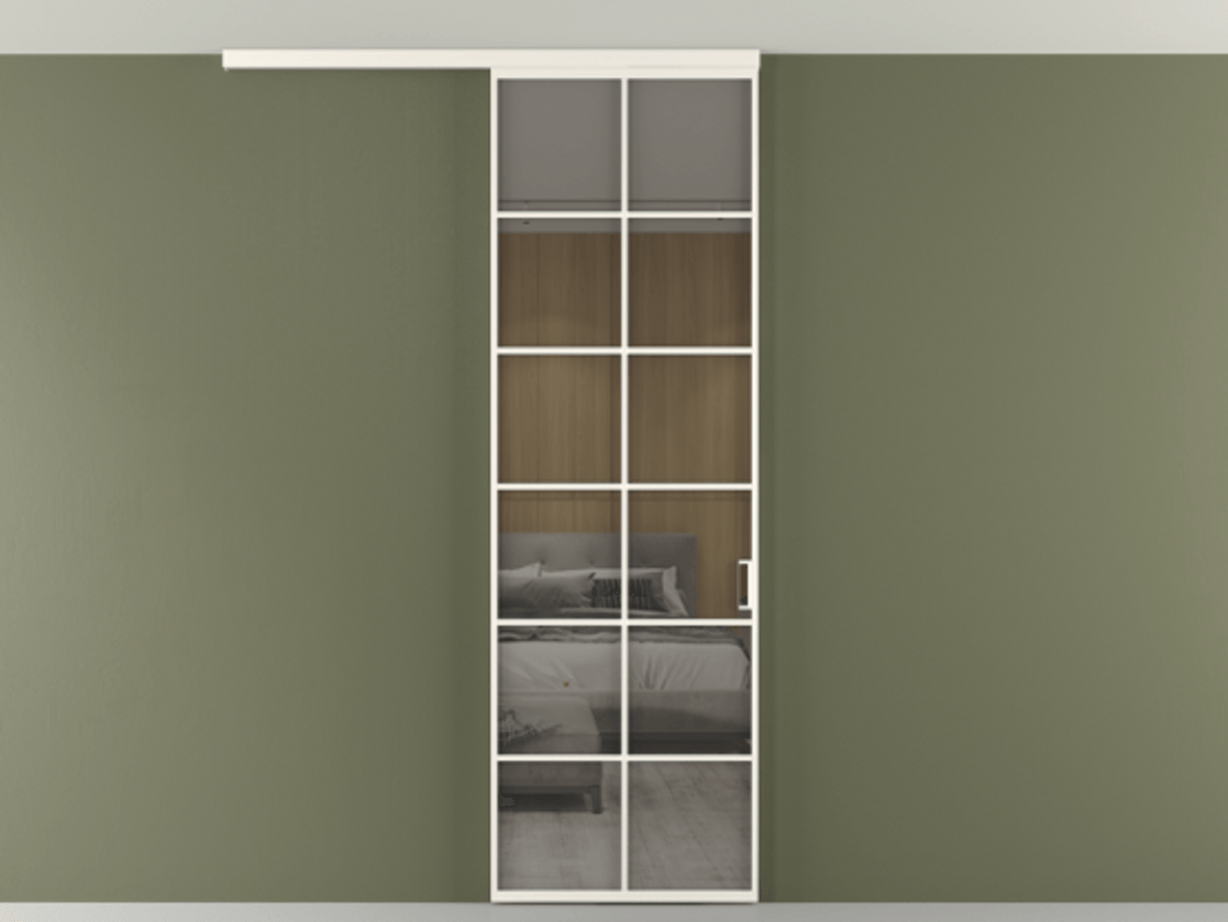 Перегородка Формато вдоль стены на потолок 1 створка АЛПР 040.05 Алюминий пудровый белый Рефлективное серое стекло "Стопсол", калёное Цена 195240 сом | Volhovec