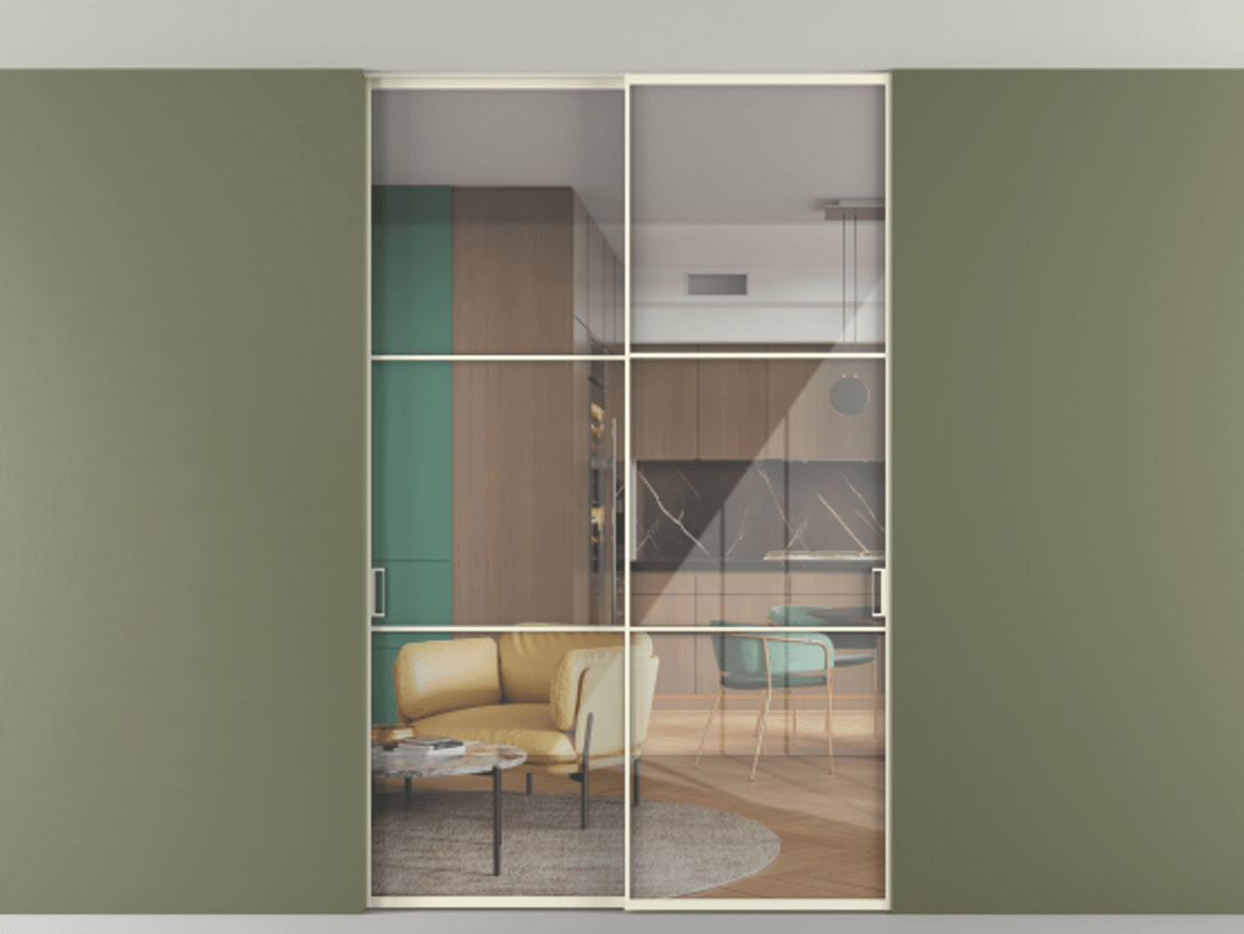 Перегородка Formato внутри проёма скрытое крепление в потолок 2 створки АЛПР 040.03 Алюминий молочно-белый Рефлективное прозрачное стекло "Stopsol", калёное Цена 444840 сом | Volhovec