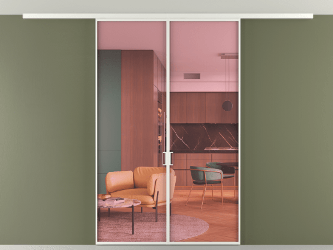 Перегородка Формато вдоль стены на потолок 2 створки АЛПР 040.01 Алюминий светло-серый Прозрачное розовое стекло, триплекс Цена 258740 сом | Volhovec