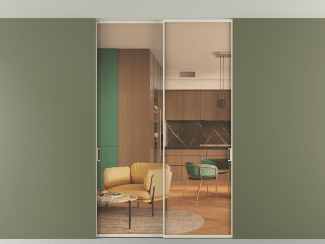 Перегородка Формато внутри проёма скрытое крепление в потолок 2 створки АЛПР 040.01 Алюминий бежево-серый Прозрачное оранжевое стекло, триплекс Цена 359590 сом | Volhovec