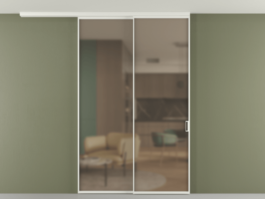 Перегородка Формато вдоль стены на потолок 2 створки с синхронным механизмом АЛПР 040.01 Алюминий светло-серый Сатинированное бронзовое стекло, триплекс Цена 435550 сом | Volhovec