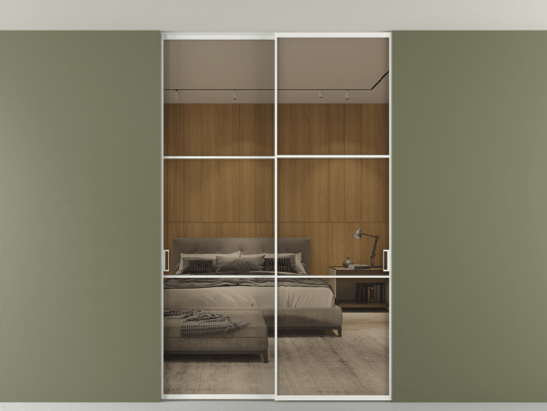 Перегородка Формато внутри проёма скрытое крепление в потолок 2 створки АЛПР 040.03 Алюминий светло-серый Рефлективное бронзовое стекло "Стопсол", калёное Цена 444840 сом | Volhovec