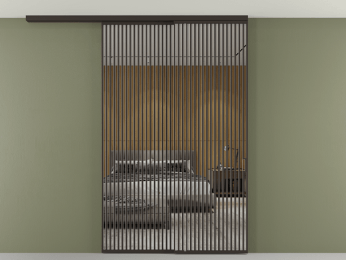 Перегородка Формато вдоль стены на потолок 2 створки с синхронным механизмом АЛПР 040.06 Алюминий антрацит Двустороннее зеркало, триплекс , триплекс 6 мм Цена 655860 сом | Volhovec