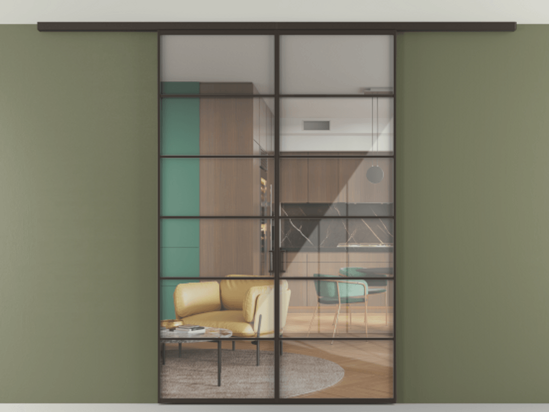 Перегородка Формато вдоль стены на потолок 2 створки АЛПР 040.04 Алюминий антрацит Рефлективное прозрачное стекло "Стопсол", калёное Цена 322360 сом | Volhovec