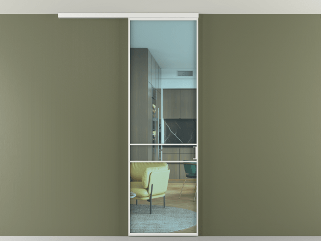 Перегородка Формато вдоль стены на потолок 1 створка АЛПР 040.02 Алюминий белоснежный Прозрачное голубое стекло, триплекс Цена 141020 сом | Volhovec