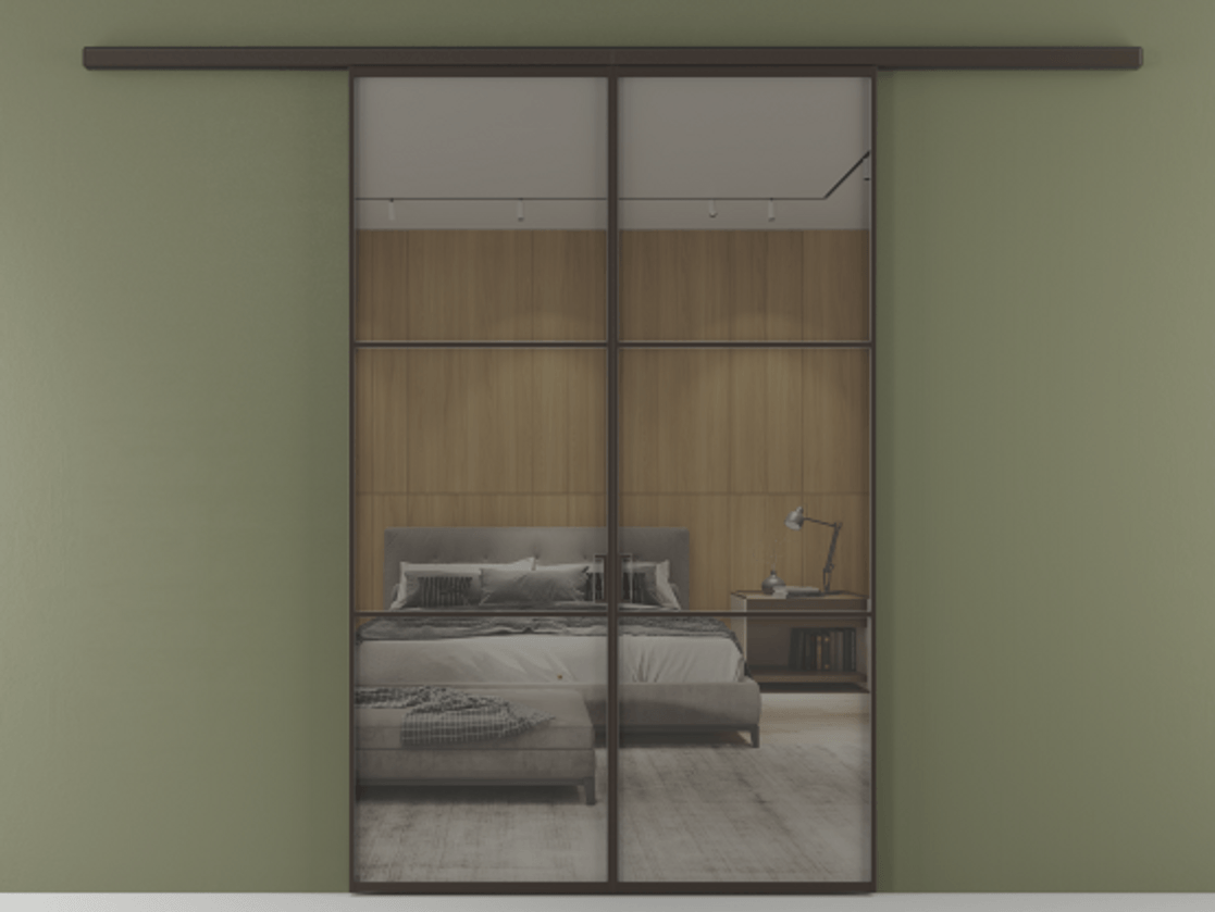 Перегородка Формато вдоль стены 2 створки АЛПР 040.03 Алюминий антрацит Рефлективное серое стекло "Стопсол", калёное Цена 362540 сом | Volhovec