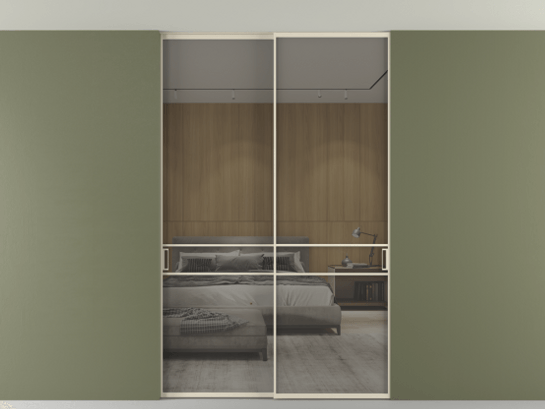 Перегородка Formato внутри проёма скрытое крепление в потолок 2 створки АЛПР 040.02 Алюминий бежево-серый Рефлективное серое стекло "Стопсол", калёное Цена 444840 сом | Volhovec