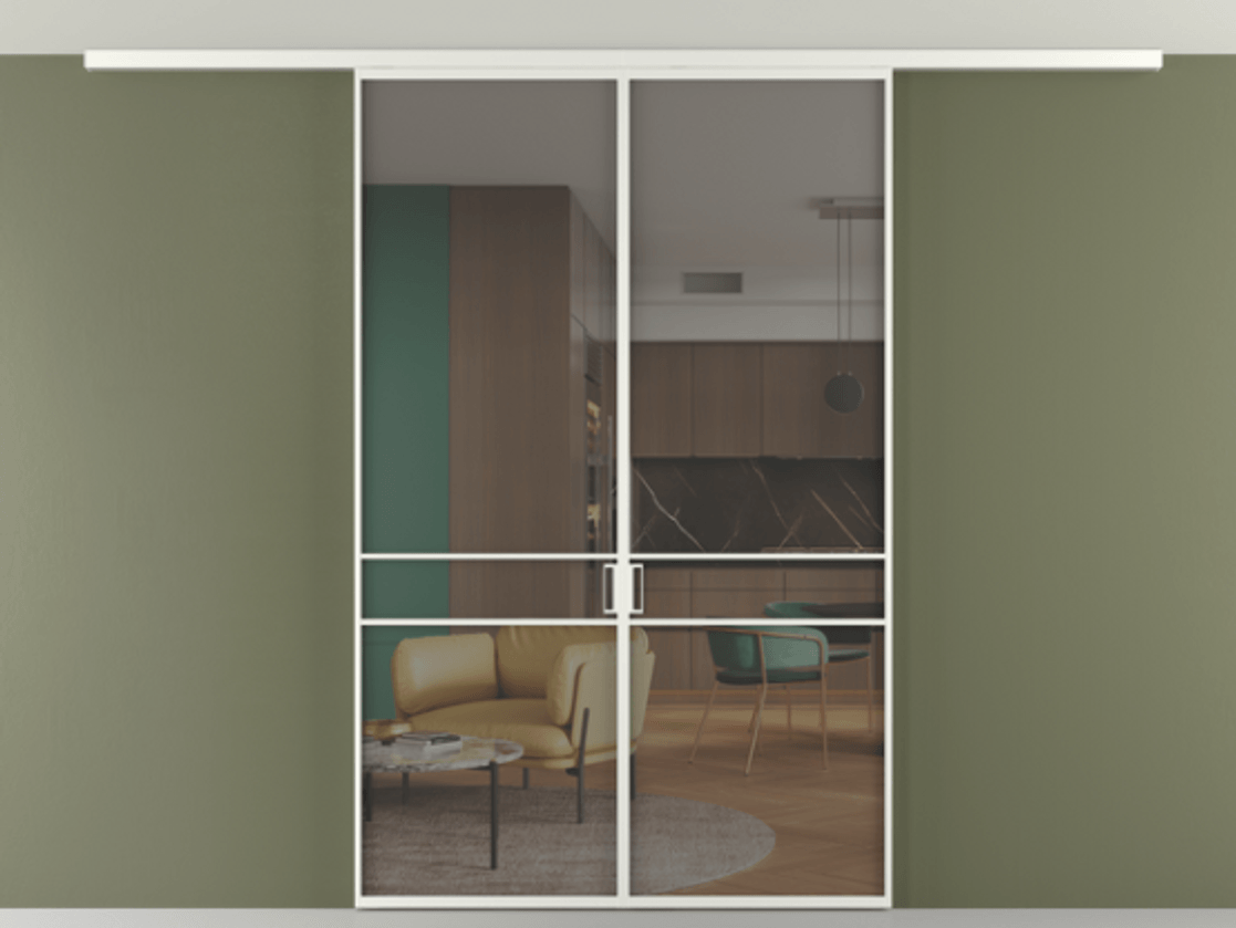 Перегородка Формато вдоль стены на потолок 2 створки АЛПР 040.02 Алюминий светло-серый Прозрачное серое стекло, триплекс Цена 271710 сом | Volhovec