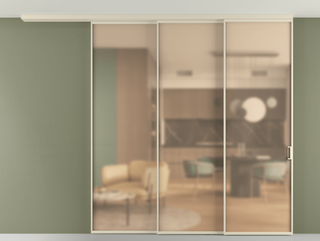 Перегородка Formato вдоль стены на потолок 3 створки с синхронным механизмом АЛПР 040.01 Алюминий бежево-серый Сатинированное оранжевое стекло, триплекс Цена 556350 сом | Volhovec