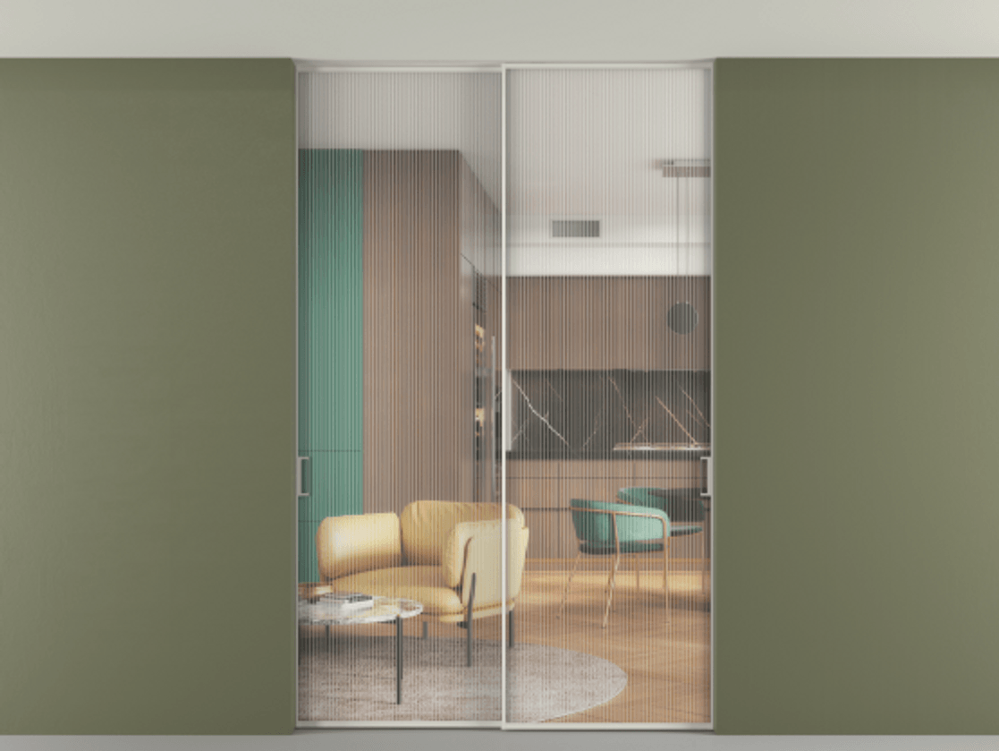 Перегородка Формато внутри проёма скрытое крепление в потолок 2 створки АЛПР 040.01 Алюминий Белый Рифлёное стекло "Мору", триплекс Цена 357730 сом | Volhovec