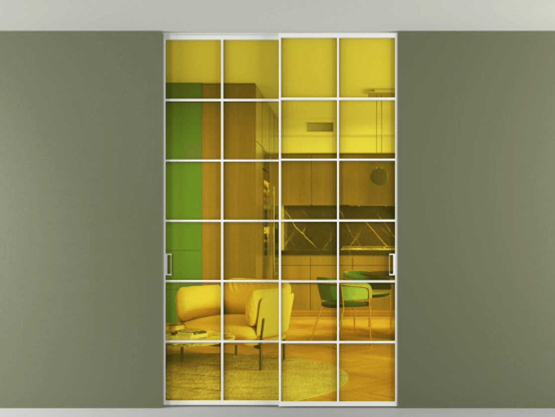 Перегородка Формато внутри проёма скрытое крепление в потолок 2 створки АЛПР 040.05 Алюминий светло-серый Прозрачное жёлтое стекло, триплекс Цена 380140 сом | Volhovec