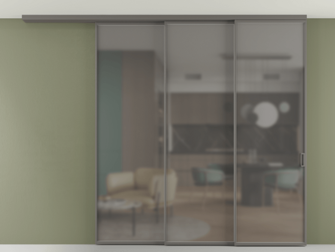 Перегородка Формато вдоль стены на потолок 3 створки с синхронным механизмом АЛПР 040.01 Алюминий классический серый Сатинированное серое стекло, триплекс Цена 556350 сом | Volhovec