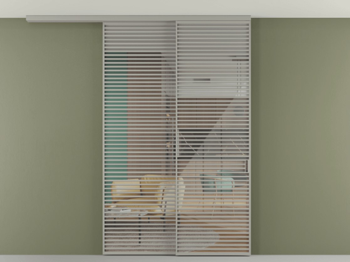 Перегородка Формато вдоль стены на потолок 2 створки с синхронным механизмом АЛПР 040.07 Алюминий нейтральный серый Рефлективное прозрачное стекло "Стопсол", калёное Цена 674501 сом | Volhovec