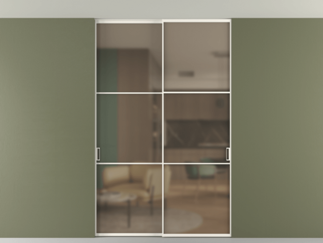 Перегородка Formato внутри проёма скрытое крепление в потолок 2 створки АЛПР 040.03 Алюминий пудровый белый Сатинированное бронзовое стекло, триплекс Цена 361400 сом | Volhovec