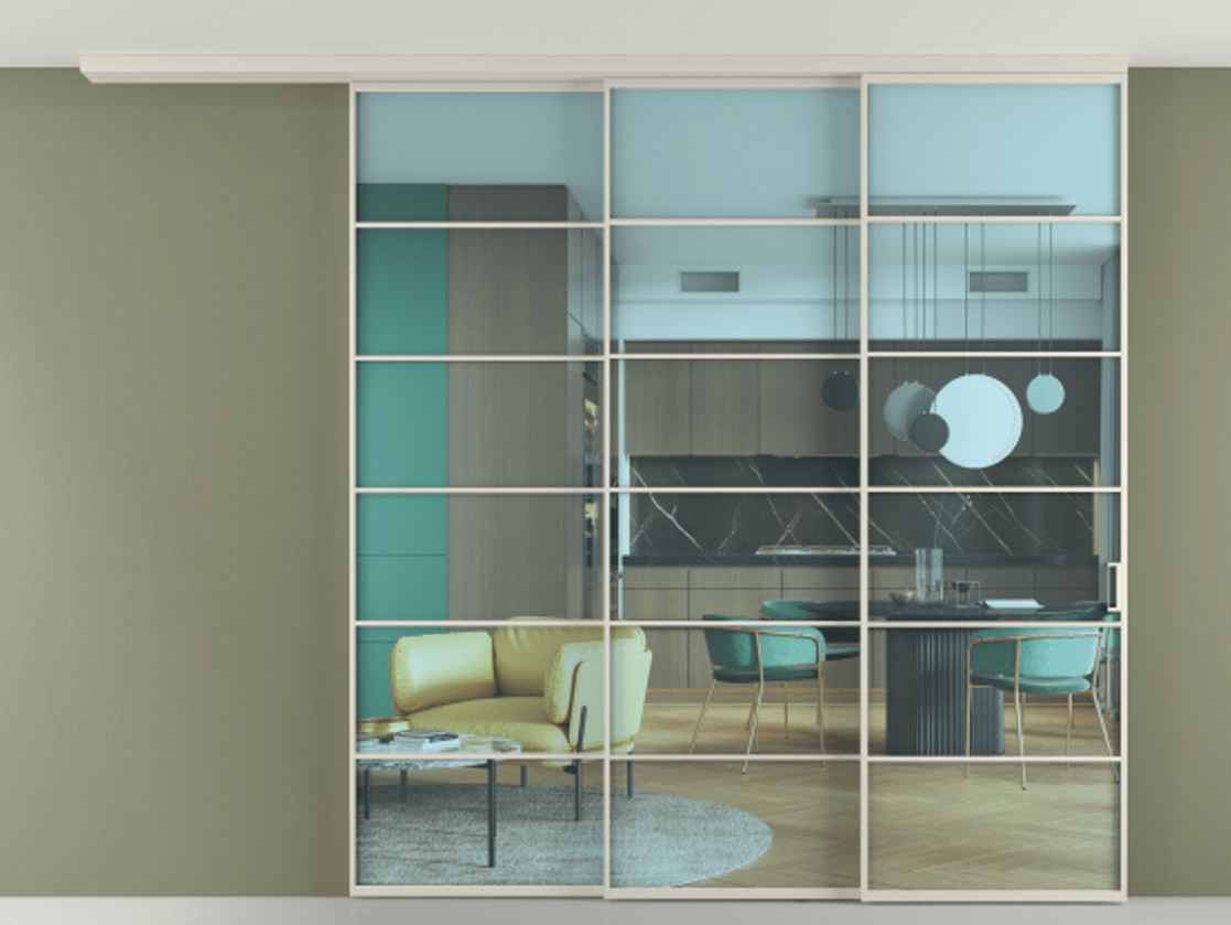 Перегородка Formato вдоль стены на потолок 3 створки с синхронным механизмом АЛПР 040.04 Алюминий облачно-серый Прозрачное голубое стекло, триплекс Цена 607090 сом | Volhovec