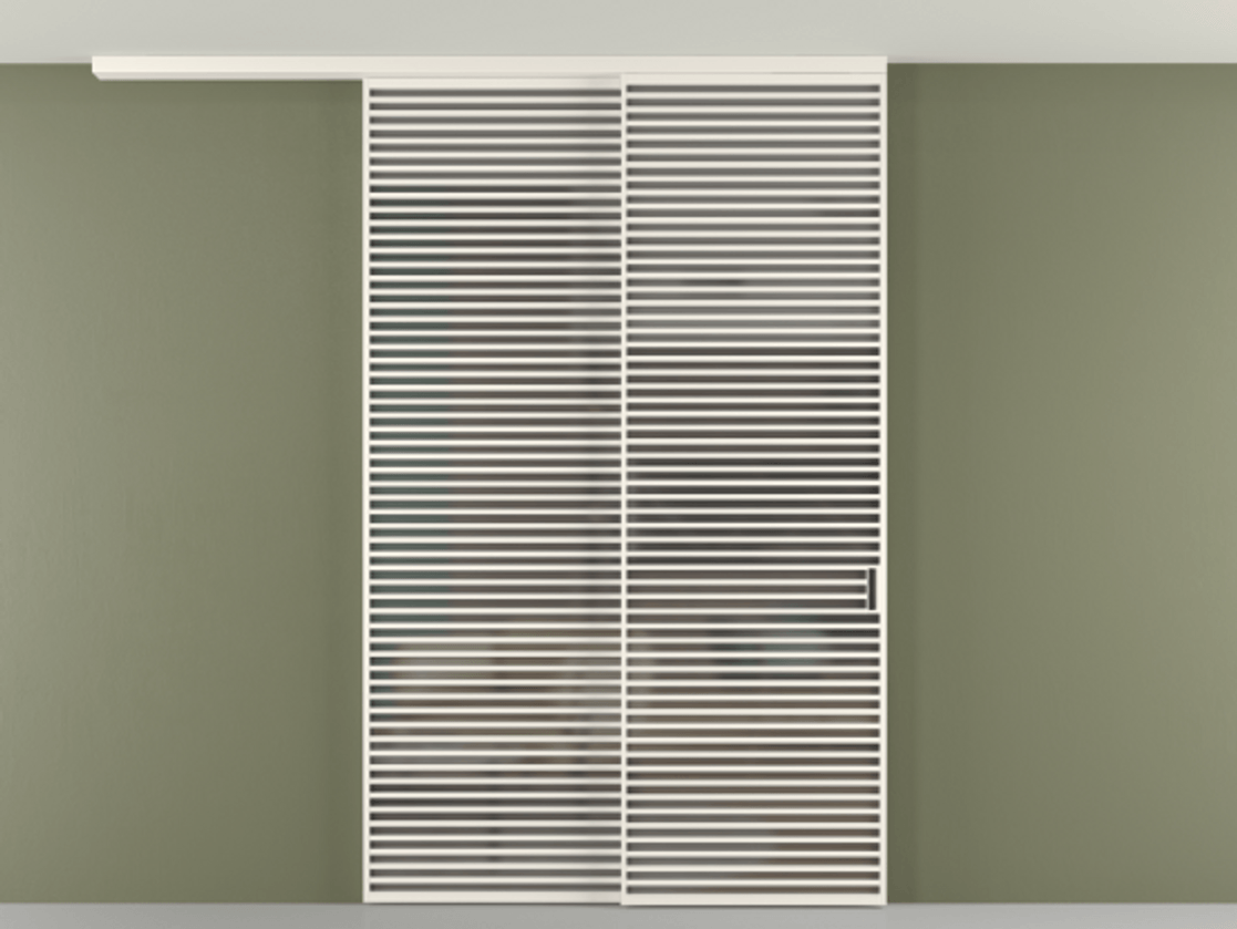 Перегородка Формато вдоль стены на потолок 2 створки с синхронным механизмом АЛПР 040.07 Алюминий пудровый белый Сатинированное серое стекло, триплекс Цена 766760 сом | Volhovec