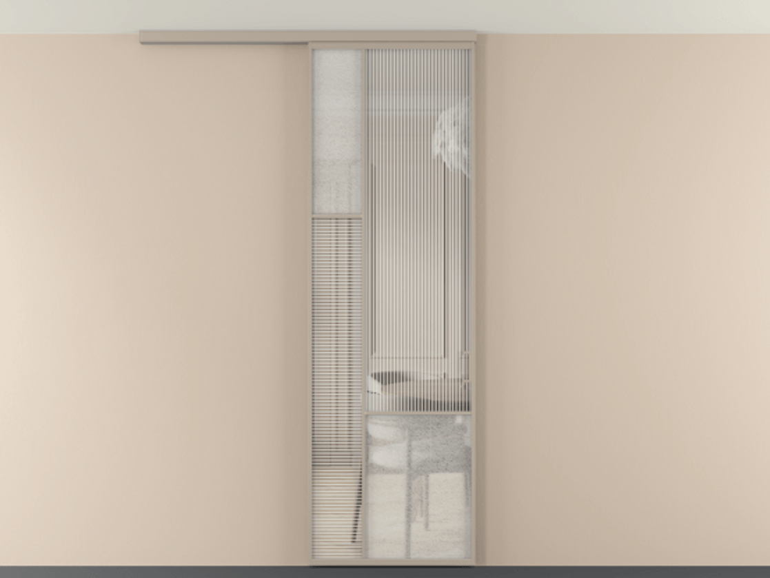 Перегородка Мозаик вдоль стены на потолок 1 створка АЛПР 041.13 Алюминий бисквитный Рифлёное стекло "Дюна", триплекс, 6 мм + Фактурное стекло "Лёд", триплекс Цена 208270 сом | Volhovec