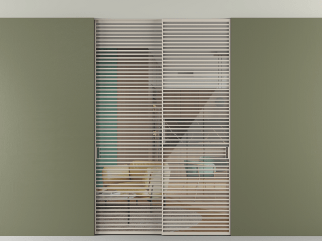 Перегородка Формато внутри проёма скрытое крепление в потолок 2 створки АЛПР 040.07 Алюминий светло-бежевый Рефлективное прозрачное стекло "Стопсол", калёное Цена 758751 сом | Volhovec