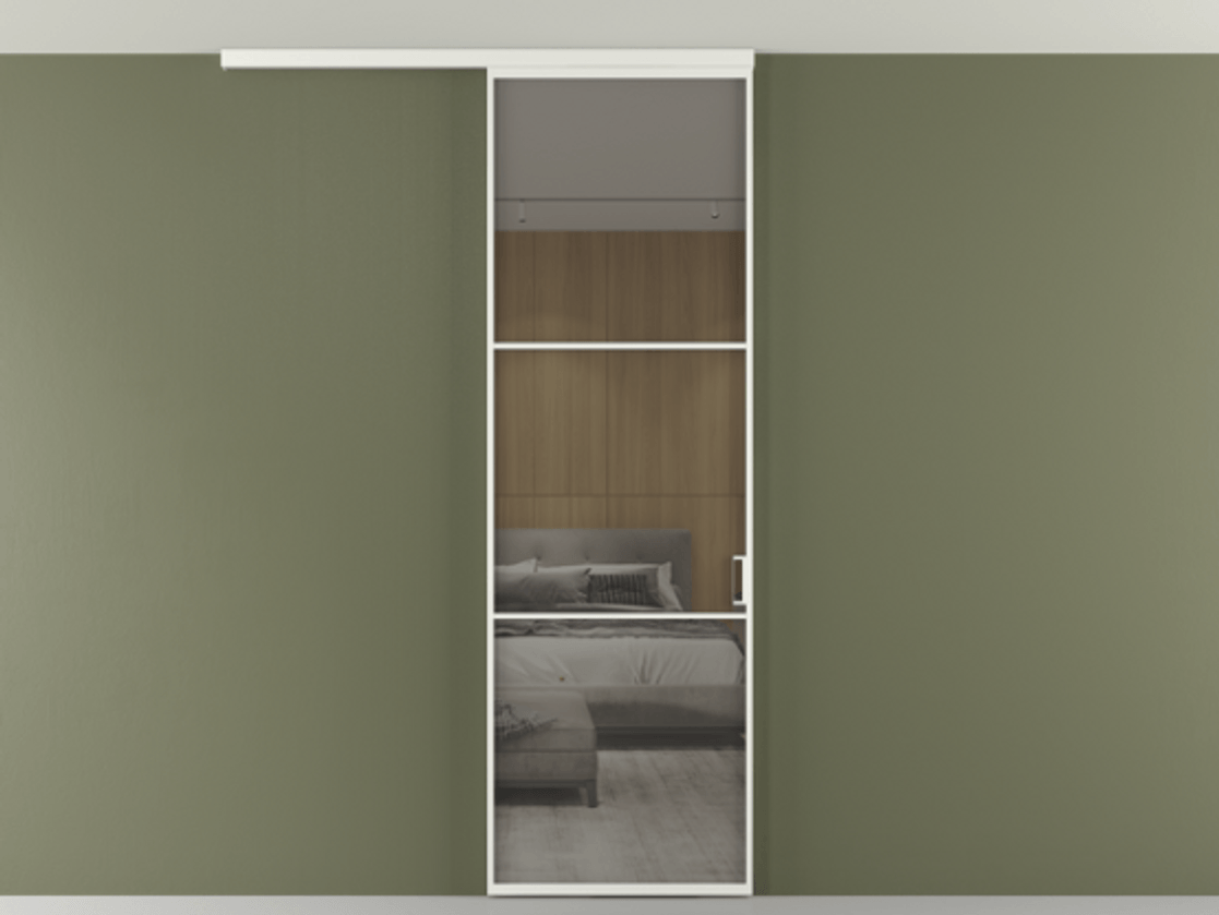 Перегородка Формато вдоль стены на потолок 1 створка АЛПР 040.03 Алюминий светло-серый Рефлективное серое стекло "Стопсол", калёное Цена 182740 сом | Volhovec