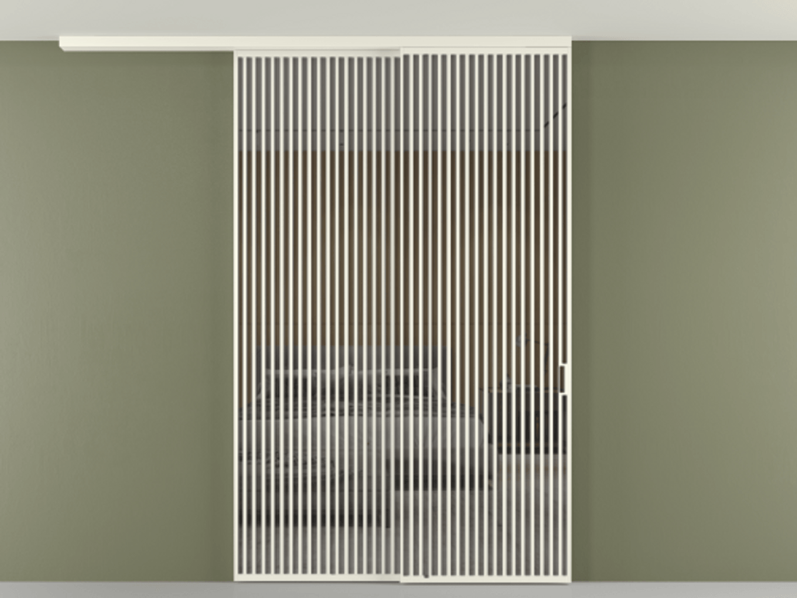 Перегородка Формато вдоль стены на потолок 2 створки с синхронным механизмом АЛПР 040.06 Алюминий жемчужный Рефлективное серое стекло "Стопсол", калёное Цена 790050 сом | Volhovec