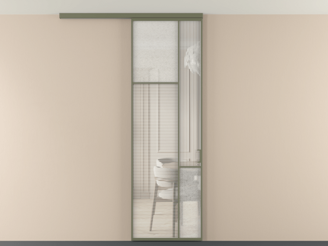 Перегородка Мозаик вдоль стены на потолок 1 створка АЛПР 041.10 Алюминий оливковый тёмный Рифлёное стекло "Дюна", триплекс, 6 мм + Фактурное стекло "Лёд", триплекс Цена 208270 сом | Volhovec