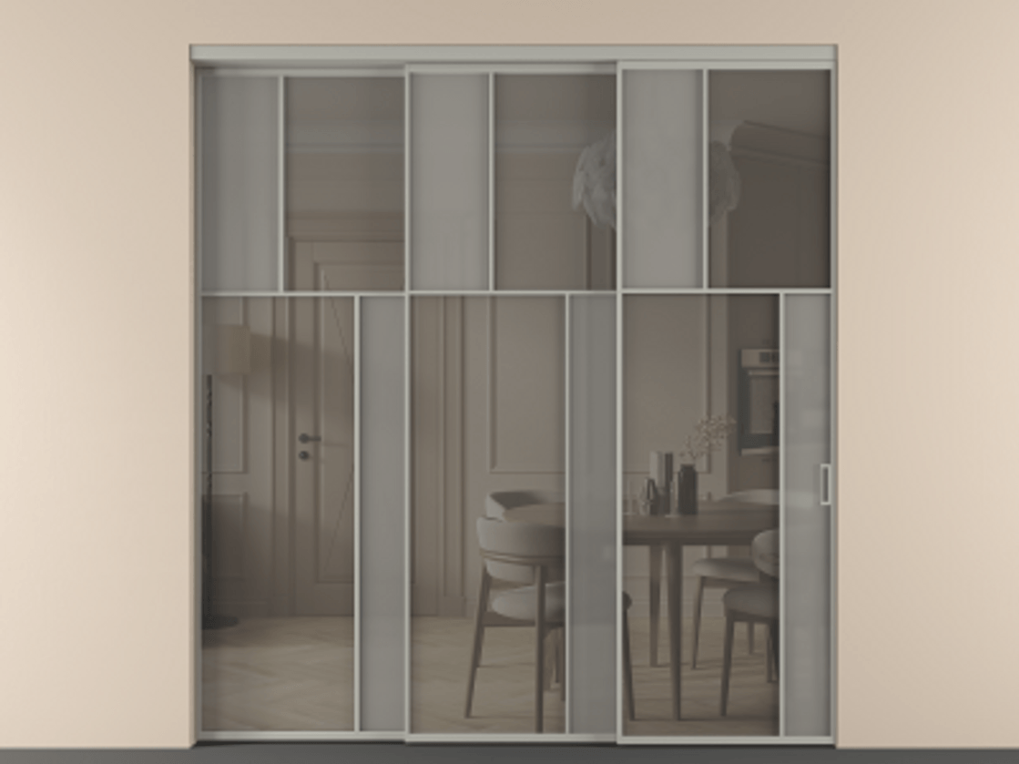 Перегородка Mosaic внутри проёма 3 створки с синхронным механизмом АЛПР 041.23 Алюминий нейтральный серый Сатинированное серое стекло, триплекс, 6 мм + Прозрачное серое стекло, триплекс Цена 636840 сом | Volhovec