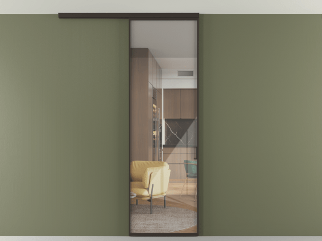 Перегородка Формато вдоль стены на потолок 1 створка АЛПР 040.01 Алюминий антрацит Рефлективное прозрачное стекло "Стопсол", калёное Цена 149440 сом | Volhovec