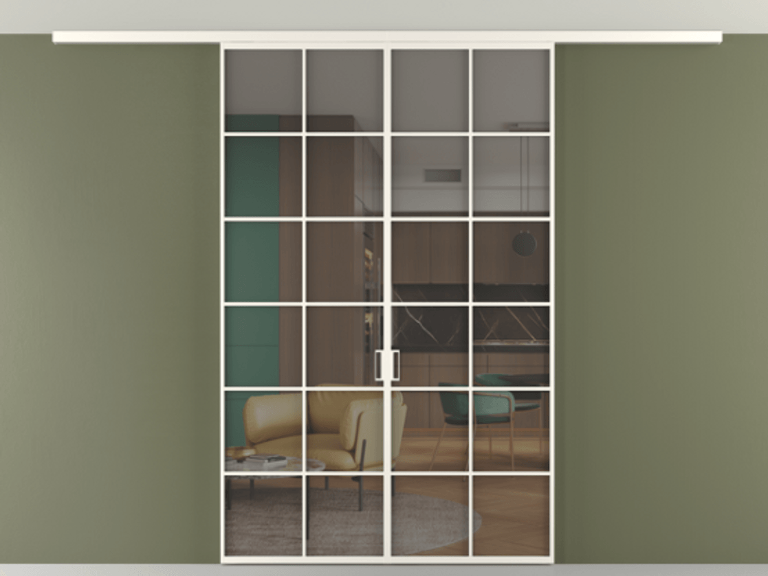 Перегородка Формато вдоль стены на потолок 2 створки АЛПР 040.05 Алюминий пудровый белый Прозрачное серое стекло, триплекс Цена 356840 сом | Volhovec