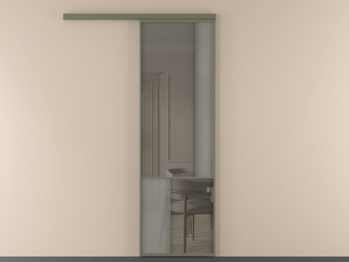 Перегородка Мозаик вдоль стены 1 створка АЛПР 041.21 Алюминий оливковый тёмный Сатинированное серое стекло, триплекс, 6 мм + Прозрачное серое стекло, триплекс Цена 199520 сом | Volhovec