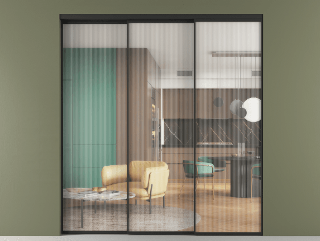 Перегородка Формато внутри проёма 3 створки с синхронным механизмом АЛПР 040.01 Алюминий Черный Рифлёное стекло "Мору", триплекс. Скрытый короб ЧЕР Цена 553130 сом 1. Полотно 3 шт. (800/2100 мм)
2. Комплект установки раздвижной системы
3. Базовый комплект фурнитуры
4. Комплект фурнитуры телескопик синхро-2
5.Ручка Рондо. Фабрика дверей Волховец 8 (800) 551 43 19 Перегородка Формато внутри проёма 3 створки с синхронным механизмом АЛПР 040.01 Алюминий Черный Рифлёное стекло "Мору", триплекс Цена 553130 сом | Volhovec