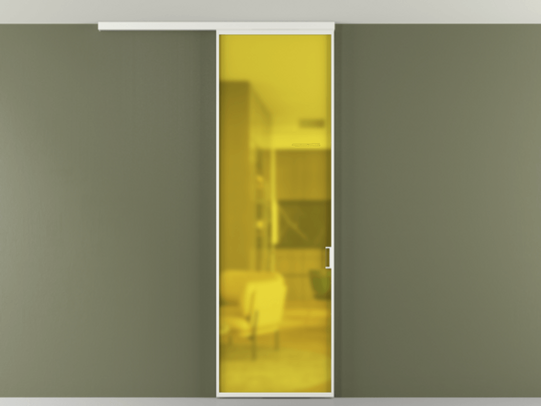 Перегородка Formato вдоль стены на потолок 1 створка АЛПР 040.01 Алюминий светло-серый Сатинированное жёлтое стекло, триплекс Цена 140120 сом | Volhovec