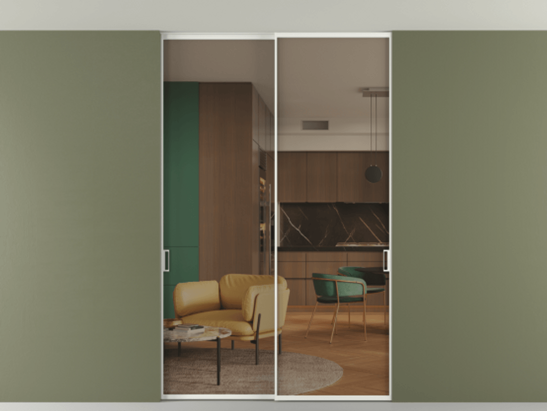 Перегородка Формато внутри проёма скрытое крепление в потолок 2 створки АЛПР 040.01 Алюминий светло-серый Прозрачное бронзовое стекло, триплекс Цена 348430 сом | Volhovec