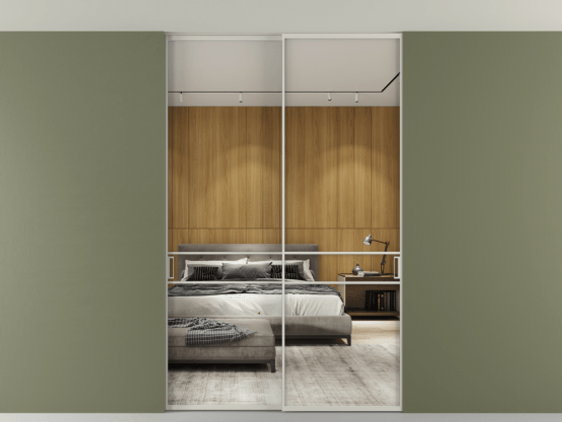 Перегородка Formato внутри проёма скрытое крепление в потолок 2 створки АЛПР 040.02 Алюминий тёплый серый Двустороннее зеркало, триплекс , триплекс 6 мм Цена 361400 сом | Volhovec